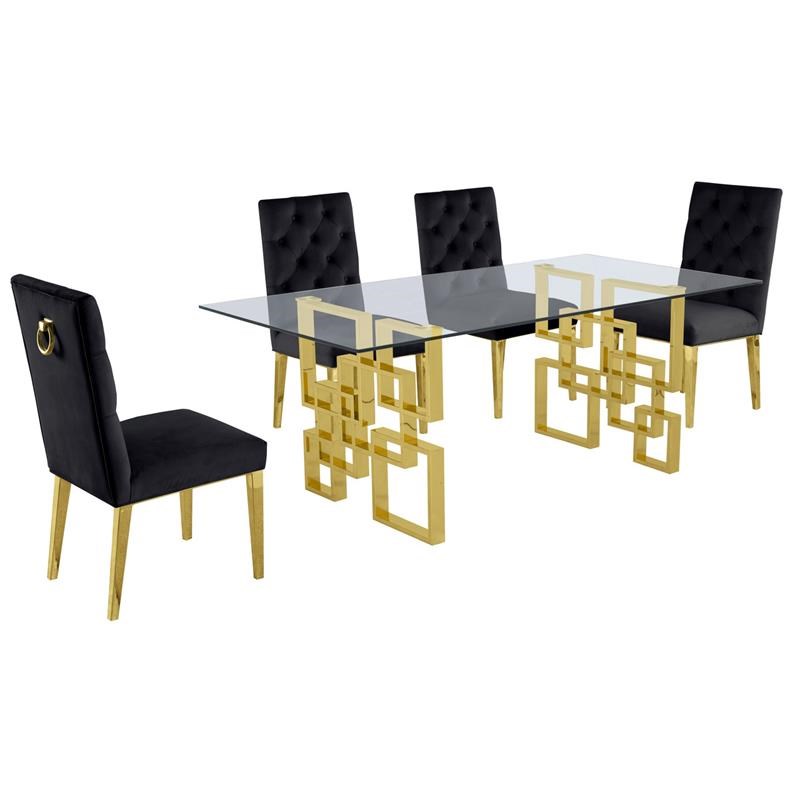 Rectangular Clear Glass 5pc Dining Set with Gold Stainless Steel Base