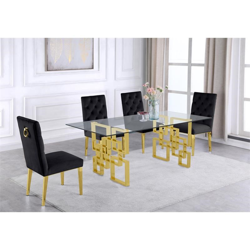 Rectangular Clear Glass 5pc Dining Set with Gold Stainless Steel Base
