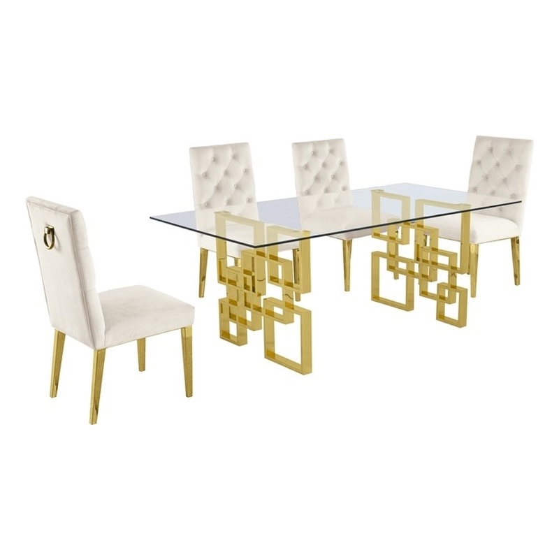 Rectangular Clear Glass 5pc Dining Set with Gold Stainless Steel Base