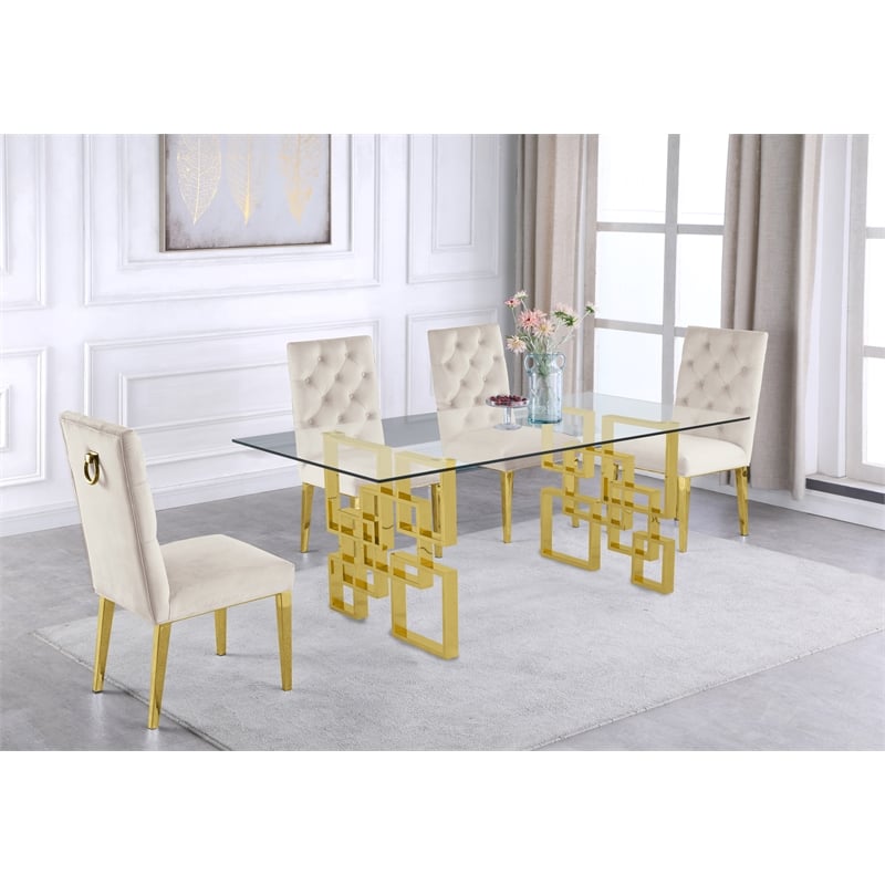 Rectangular Clear Glass 5pc Dining Set with Gold Stainless Steel Base