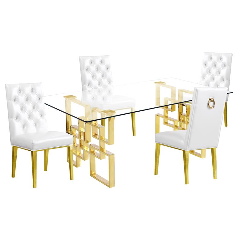Rectangular Clear Glass 5pc Dining Set with Gold Stainless Steel Base