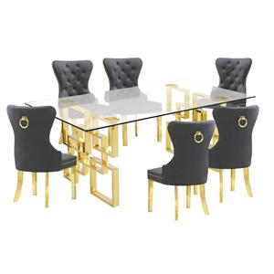 Rectangular Clear Glass 7pc Dining Set with Gold Stainless Steel Base