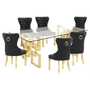 Rectangular Clear Glass 7pc Dining Set with Gold Stainless Steel Base