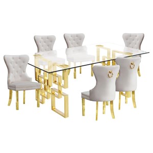 Rectangular Clear Glass 7pc Dining Set with Gold Stainless Steel Base