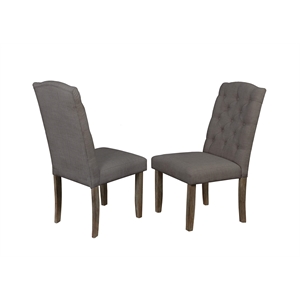 Rustic Wood Dining Chairs Upholstered with Gray Linen Fabric (Set of 2)