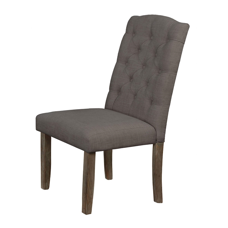 Rustic Wood Dining Chairs Upholstered with Gray Linen Fabric (Set of 2)