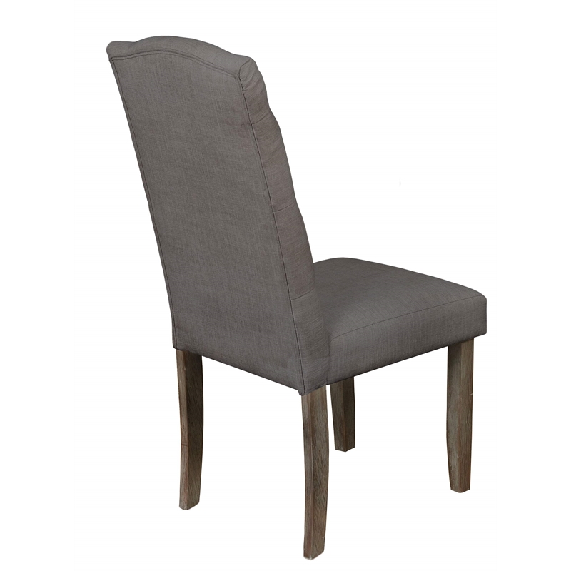 Rustic Wood Dining Chairs Upholstered with Gray Linen Fabric (Set of 2)
