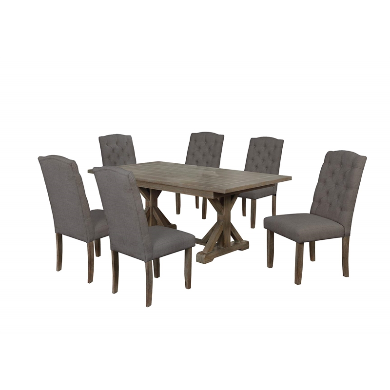 Rustic Wood Dining Chairs Upholstered with Gray Linen Fabric (Set of 2)