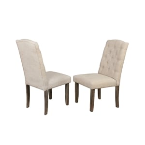 Rustic Wood Dining Chairs Upholstered with Beige Linen Fabric (Set of 2)