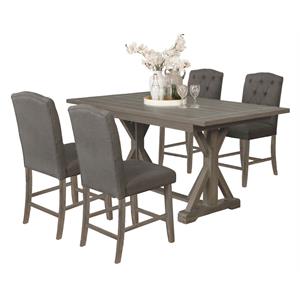 5pc rustic wood counterheight dining set with table and gray linen chairs