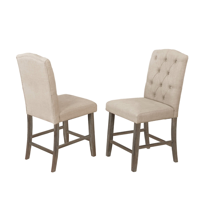 Rustic Wood Counterheight Dining Chairs with Beige Linen Fabric (Set of 2)