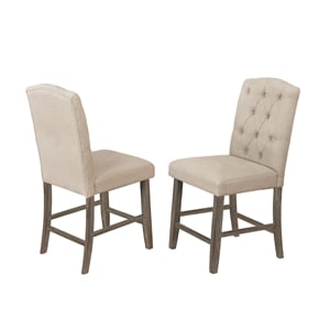 Rustic Wood Counterheight Dining Chairs with Beige Linen Fabric (Set of 2)