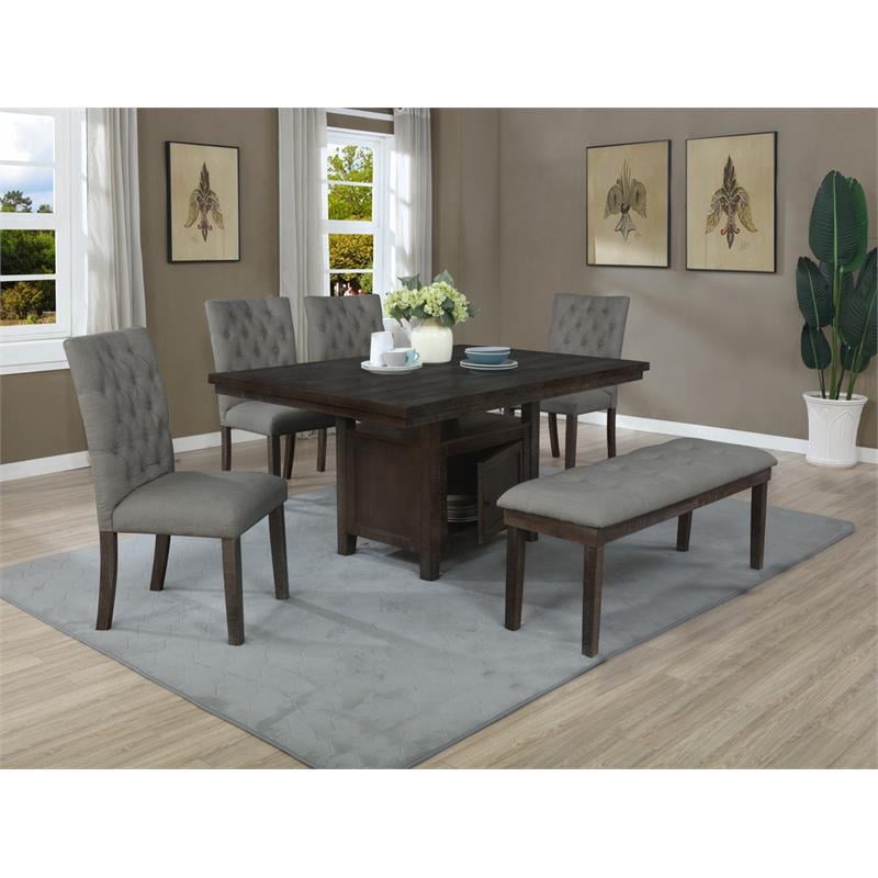 Rustic Dark Oak Dining Bench Upholstered with Gray Linen Fabric