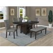 Rustic Dark Oak Dining Bench Upholstered with Gray Linen Fabric