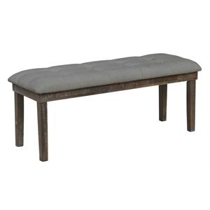 Rustic Dark Oak Dining Bench Upholstered with Gray Linen Fabric