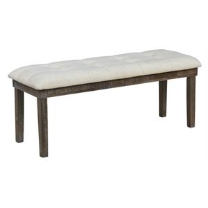Rustic Dark Oak Dining Bench Upholstered with Beige Linen Fabric
