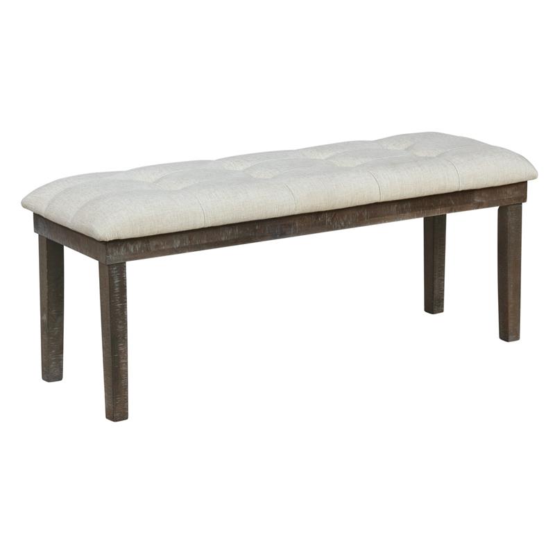 Rustic Dark Oak Wood 6pc Dining Set with Table + Beige Linen Chairs + Bench