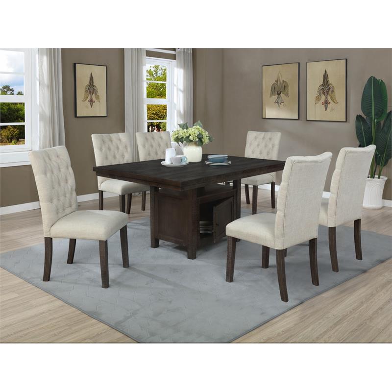 Rustic Dark Oak Wood 7pc Dining Set with Table and Beige Linen Chairs