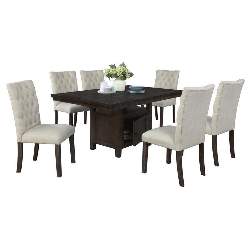 Rustic Dark Oak Wood 7pc Dining Set with Table and Beige Linen Chairs