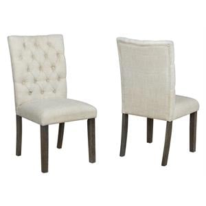 Rustic Dark Oak Dining Chairs Upholstered with Beige Linen Fabric (Set of 2)
