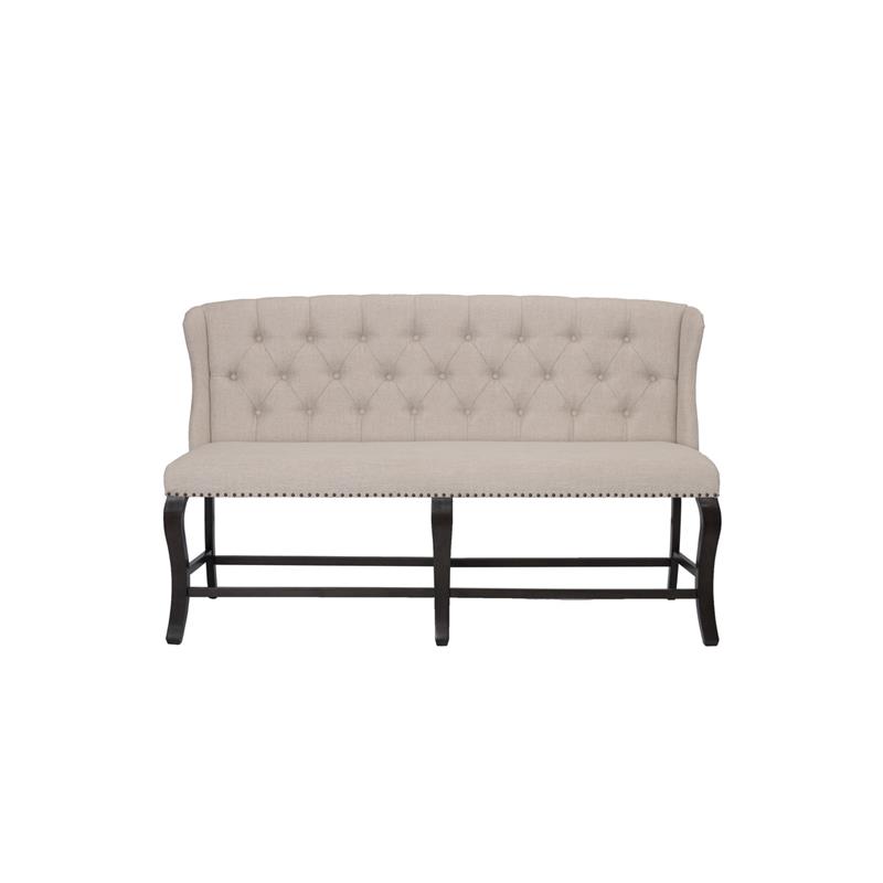 Cappuccino Wood Counterheight Dining Bench Upholstered with Beige Linen Fabric
