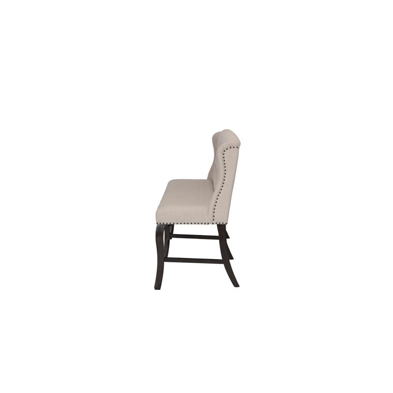 Cappuccino Wood Counterheight Dining Bench Upholstered with Beige Linen Fabric