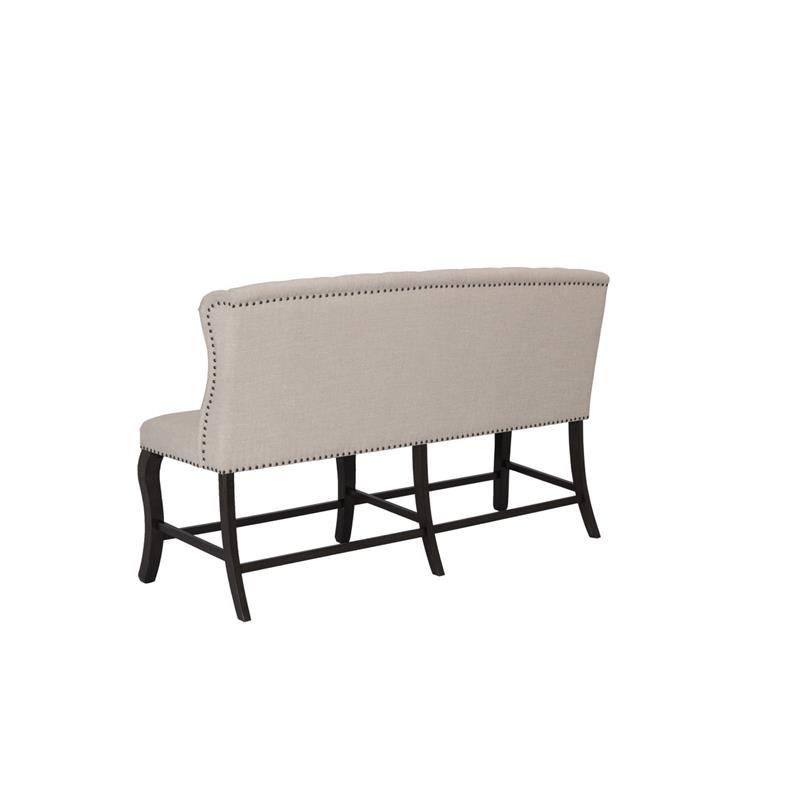 Cappuccino Wood Counterheight Dining Bench Upholstered with Beige Linen Fabric