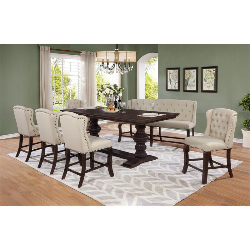 Cappuccino Wood Counterheight Dining Bench Upholstered with Beige Linen Fabric