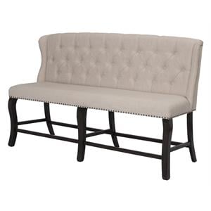 Cappuccino Wood Counterheight Dining Bench Upholstered with Beige Linen Fabric