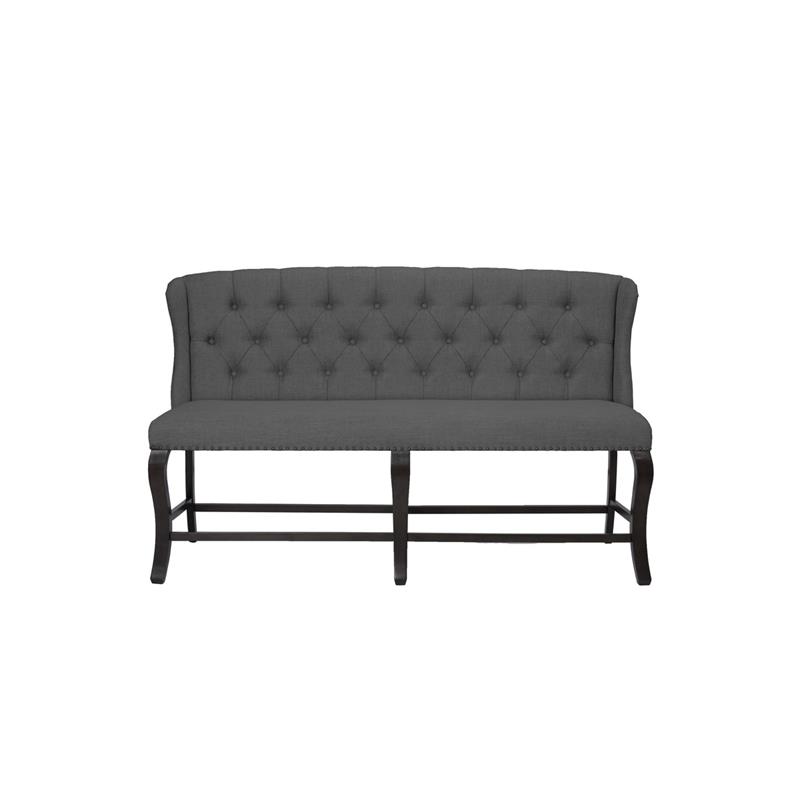 Cappuccino Wood Counterheight Dining Bench Upholstered with Gray Linen Fabric