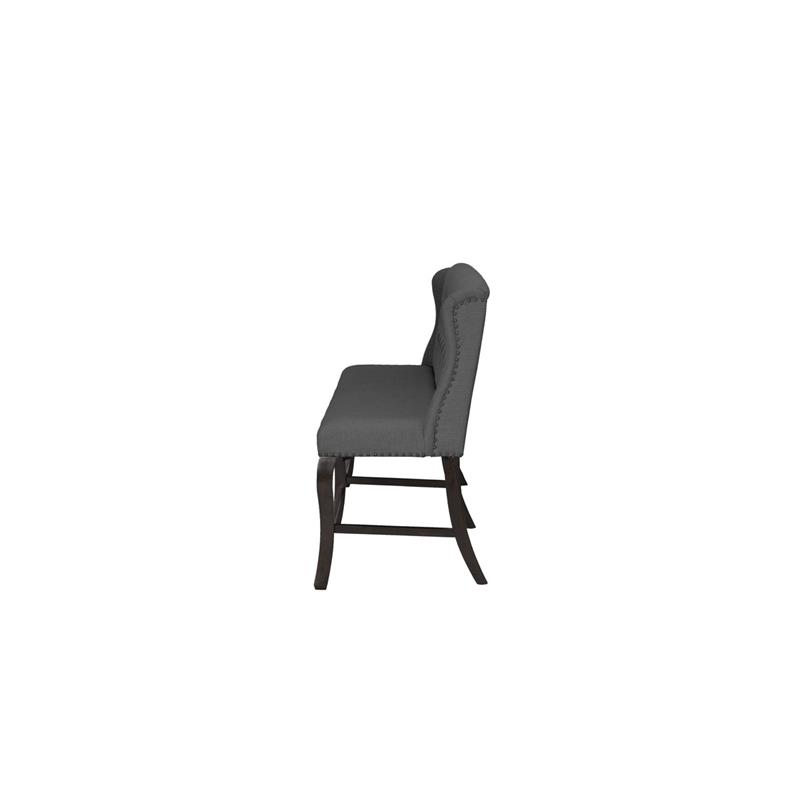 Cappuccino Wood Counterheight Dining Bench Upholstered with Gray Linen Fabric