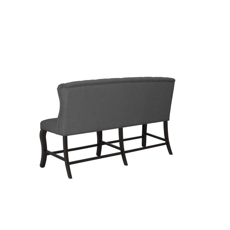 Cappuccino Wood Counterheight Dining Bench Upholstered with Gray Linen Fabric