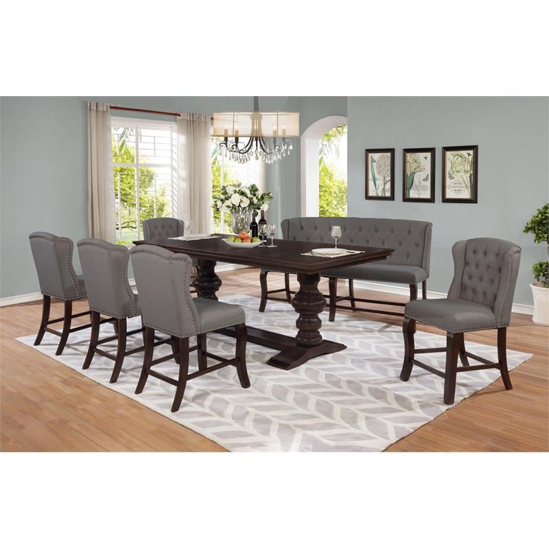 Cappuccino Wood Counterheight Dining Bench Upholstered with Gray Linen Fabric