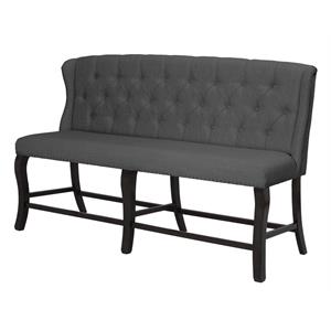 Cappuccino Wood Counterheight Dining Bench Upholstered with Gray Linen Fabric