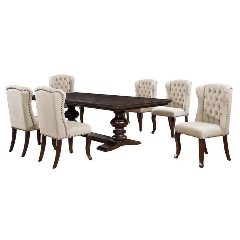 Cappuccino Wood 7pc Dining Set with Extendable Table + Beige Chairs