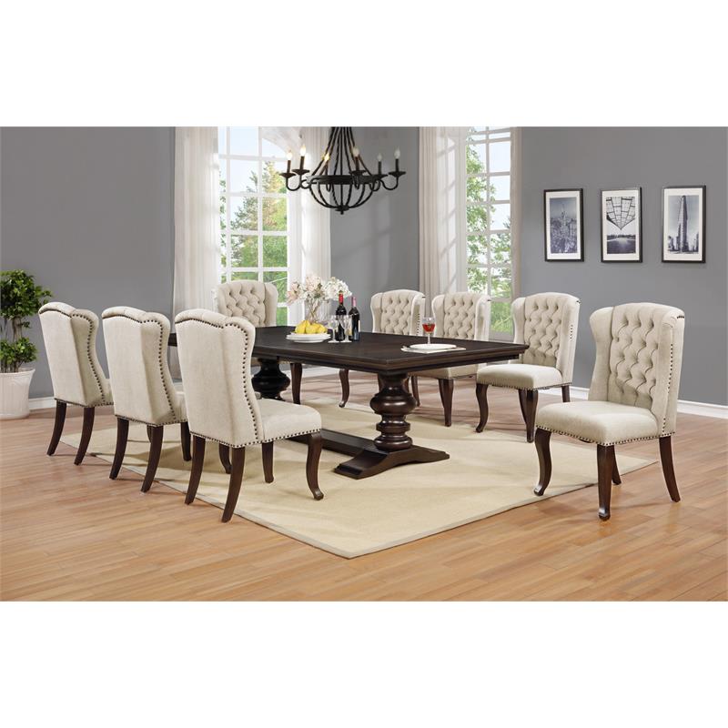 Cappuccino Wood 9pc Dining Set with Extendable Table + Beige Chairs