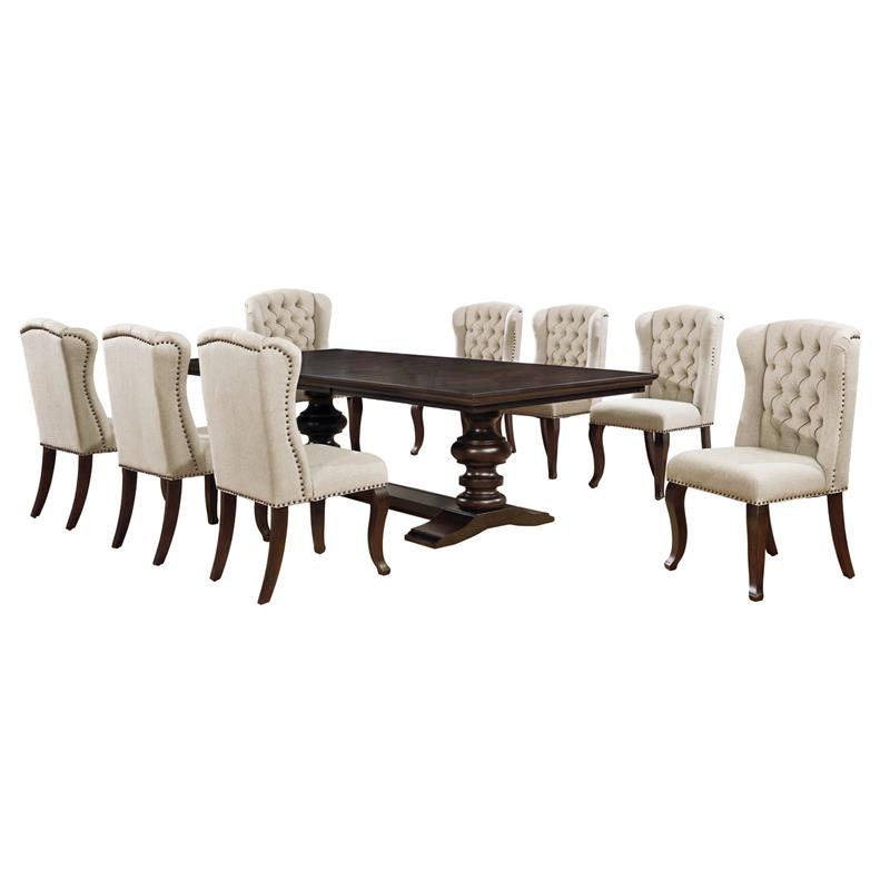 Cappuccino Wood 9pc Dining Set with Extendable Table + Beige Chairs