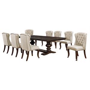 Cappuccino Wood 9pc Dining Set with Extendable Table + Beige Chairs