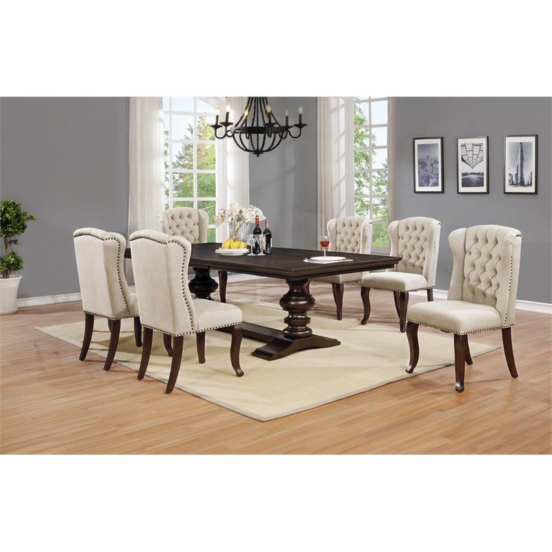 Cappuccino Wood Dining Chairs Upholstered in Beige Linen Fabric (Set of 2)