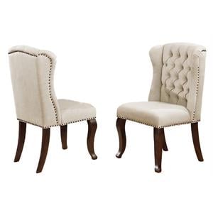 Cappuccino Wood Dining Chairs Upholstered in Beige Linen Fabric (Set of 2)