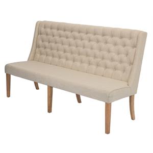 Rustic Natural Wood Dining Bench Upholstered in Beige Linen Fabric