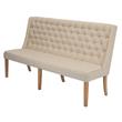 Rustic Natural Wood Dining Bench Upholstered in Beige Linen Fabric