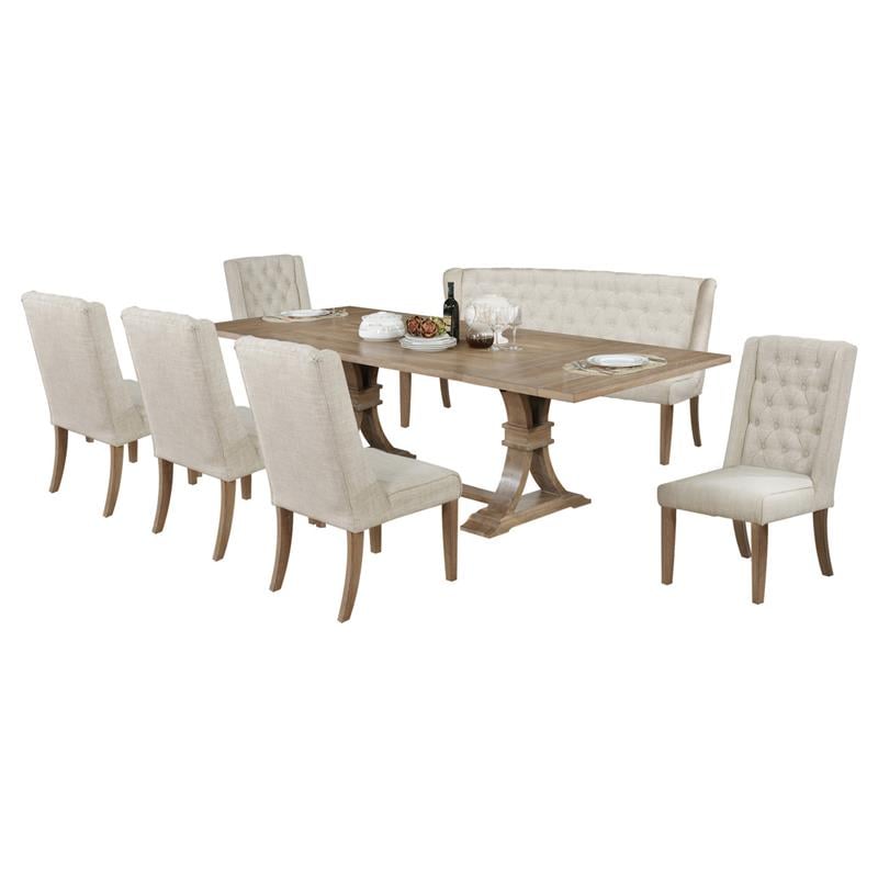 Rustic Natural Wood 7pc Dining Set with Extendable Table + Beige Linen Seats