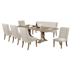 Rustic Natural Wood 7pc Dining Set with Extendable Table + Beige Linen Seats