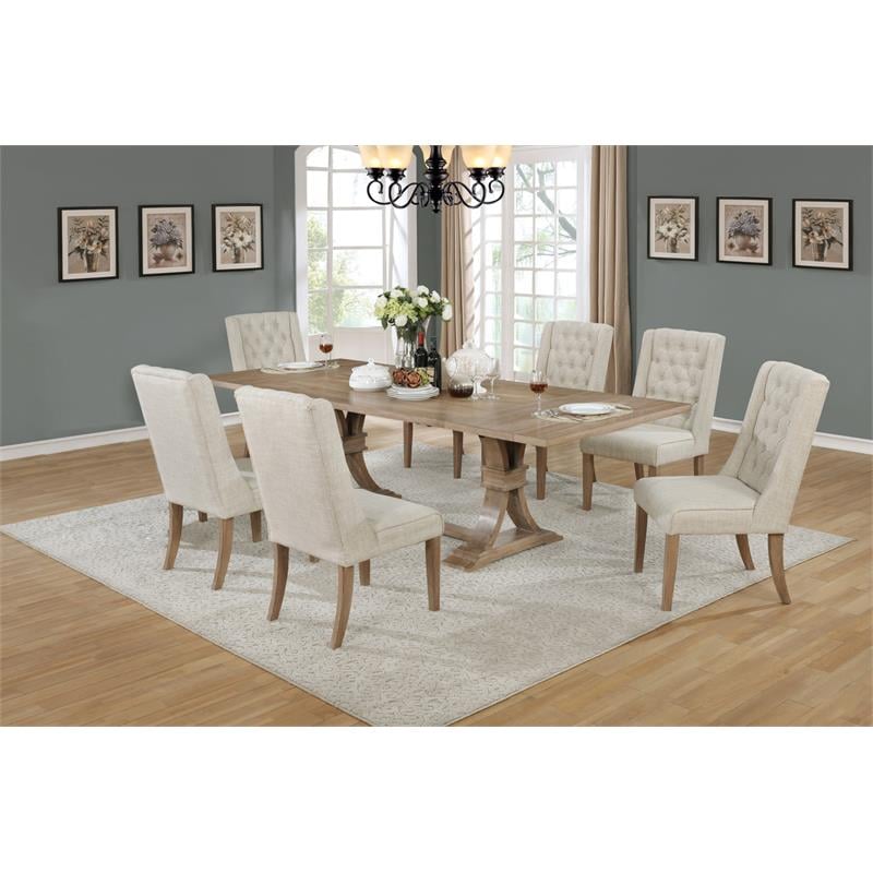 Rustic Natural Wood 7pc Dining Set with Extendable Table + Beige Linen Chairs