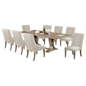 Rustic Natural Wood 9pc Dining Set with Extendable Table + Beige Linen Chairs