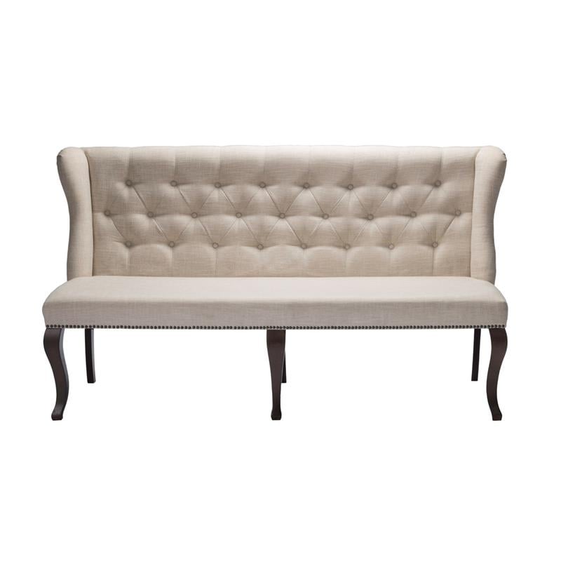 Cappuccino Wood Dining Bench Upholstered with Beige Linen Fabric