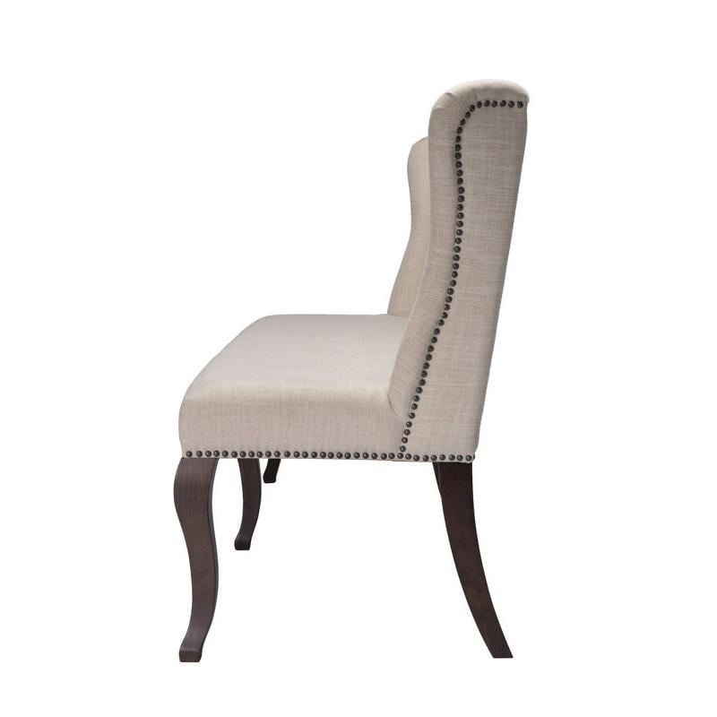 Cappuccino Wood Dining Bench Upholstered with Beige Linen Fabric