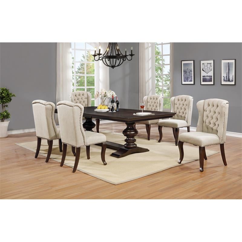 Cappuccino Wood Dining Bench Upholstered with Beige Linen Fabric
