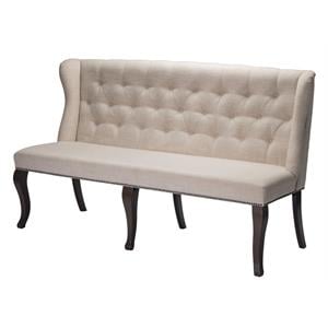 Cappuccino Wood Dining Bench Upholstered with Beige Linen Fabric